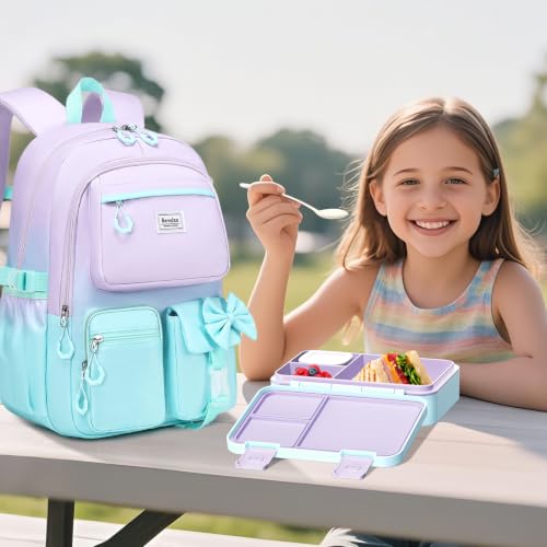 Bevalsa Backpack for Girls, Bow Bookpack with Bento Lunch Box, Insulated Bag & Utensils, 34oz Lunch Containers School Bags Set for Children Teens Kids Elementary Middle school Student (Purple-Green) - color: Purple-green