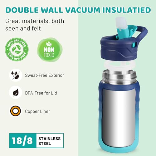 HAUSHOF Kids Water Bottle 2-Pack (12 oz) BPA-free with Straw and Stickers, Stainless Steel Vacuum Double Wall Insulated cup with Leak Proof for school, Gifts, Boys and Girls(Blue/Pink) - color: Blue/Pink(2 Pack)