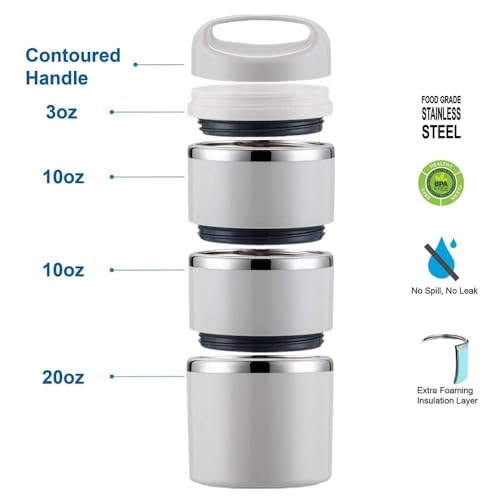 Lille Home Stackable Stainless Steel Thermal Compartment Lunch/Snack Box, 3-Tier Insulated Bento/Food Container with Lunch Bag, Utensils Set and Three Extra Seals, 43OZ (Gray with Utensils) - color: Gray with Utensils