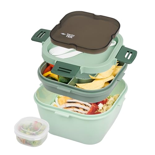 Restaurantware-Bento Tek 57.5 Ounce Bento Box, 1 Reusable Lunch Container - With Fork And Knife, Does Not Contain BPA, Green Plastic Reusable Lunch Box, Microwavable, Dishwashable - size: 1 Count, style: 58 oz - Green