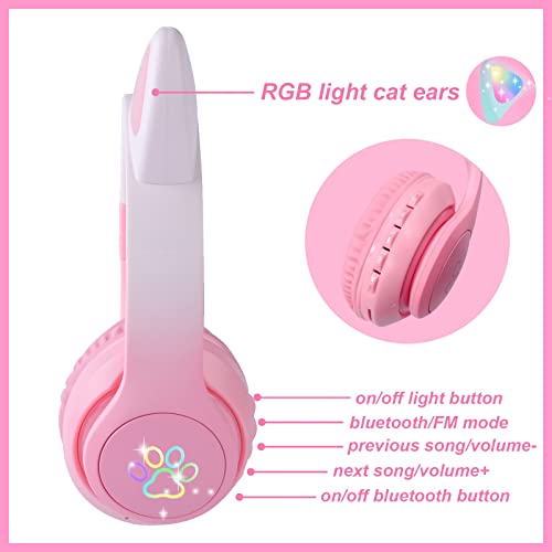 Cat Ear Kids Headphones Bluetooth, LED Light up Wireless/Wired Mode Over Ear Headphones with Build in Microphone for School/Travel (Pink) - color: Pink