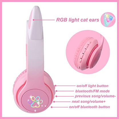 Cat Ear Kids Headphones Bluetooth, LED Light up Wireless/Wired Mode Over Ear Headphones with Build in Microphone for School/Travel (Pink) - color: Pink
