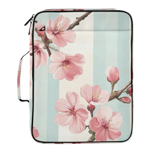 ALAZA Cute Cherry Flowers Stripes Zipper Binder with Handle, 7-Pocket Expanding File Folder, Detachable 3-Ring Binder, File Organizer for Home Office Work A4 Letter Size Paper Document