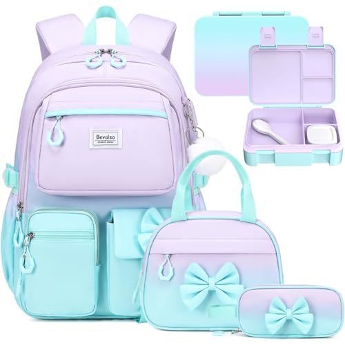 Bevalsa Backpack for Girls, Bow Bookpack with Bento Lunch Box, Insulated Bag & Utensils, 34oz Lunch Containers School Bags Set for Children Teens Kids Elementary Middle school Student (Purple-Green) - color: Purple-green