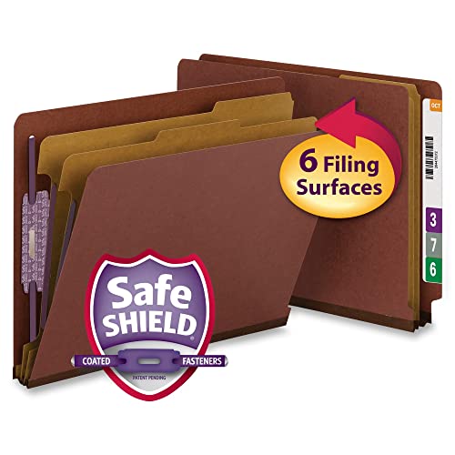 Smead 100% Recycled End Tab Pressboard Classification File Folder with SafeSHIELD Fasteners, 2 Dividers, 2" Expansion, Letter Size, Red, 10 per Box (26860) - color: Red, style: 2 Dividers