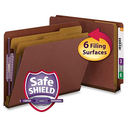 Smead 100% Recycled End Tab Pressboard Classification File Folder with SafeSHIELD Fasteners, 2 Dividers, 2" Expansion, Letter Size, Red, 10 per Box (26860) - color: Red, style: 2 Dividers