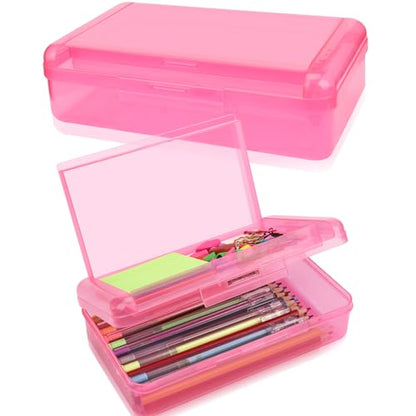 SFLHHDM Large Pencil Box, Double Layer Capacity Pencils Holders, Clear Hard Pen Case with Snap-tight Lid, Plastic Pencil Case for Office School, Pen Boxes Storage School Box (Hot Pink-1pcs) - color: Hot Pink-1pcs