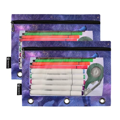Wolf Purple Pencil Pouch for 3 Ring Binder Pencils Bag Pencil Case with Zipper Clear Window for School Office 2 Packs - color: Wolf Purple in Galaxy