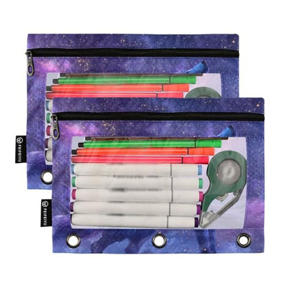Wolf Purple Pencil Pouch for 3 Ring Binder Pencils Bag Pencil Case with Zipper Clear Window for School Office 2 Packs - color: Wolf Purple in Galaxy