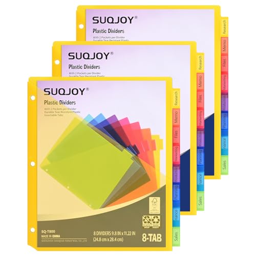 SUQJOY 8-Tab Dividers for 3 Ring Binder, 24 Count Binder Dividers with Pockets, Subject Dividers, 3-Hole Plastics Sheets Protectors for US Letter Size in 0.5", 1",2" Binders, Vibrant 8 Color, 3 Packs - size: 3 Pack