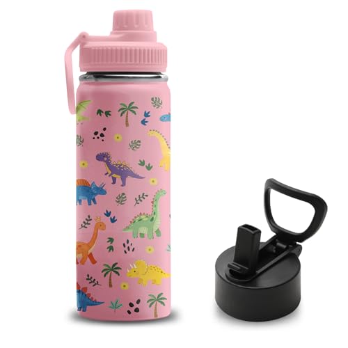 Dinosaur Gifts for Girls, 18 oz Stainless Steel Water Bottles with 2 Lids, Insulated Water Bottle with Straw, Cute Dinosaurs Water Bottles for School Outdoor Travel, Pink Dinosaur Cups Gifts - color: Cute Dinosaurs