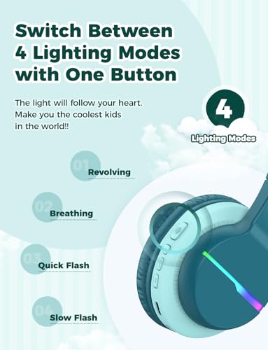 iClever BTH12 Kids Bluetooth Headphones,Colorful LED Lights Wireless Kids Headphones,74/85dBA Safe Volume,85H Playtime,Bluetooth 5.2,Over Ear Headphones Built-in Mic for iPad/Tablet/Airplane,Green - color: Malachite Green