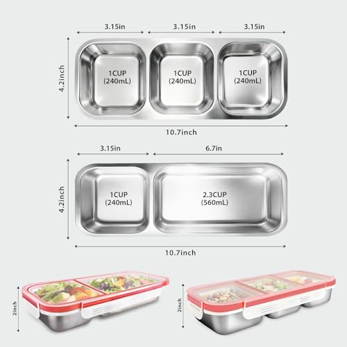 3-Pack Stainless Steel Bento Box - 2+3+3 Compartment Leak-Proof Snack Containers for Kids & Adults, Reusable Lunch Box for Lunchables, Snack Packs (2/3/3 Red) - color: 2+3+3 Compartments Red