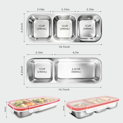 2-Pack Stainless Steel Bento Box - Leak-Proof, Reusable Lunch & Snack Containers for Kids Adults, Fits Lunchables (2+3 Compartments) - color: 2+3 Compartments Red