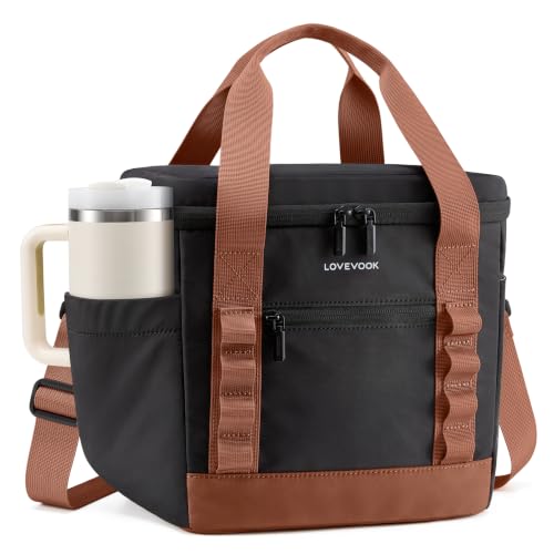 LOVEVOOK Insulated Lunch Bag for Women men, Large Leakproof Adult Lunch Box | 180° Wide Opening, Fits 40oz Cup, Heat-Sealed Leakproof, 4-Layer Thermal Insulation, Multi-Functional DIY Webbing - color: Brown, size: X Large-20L