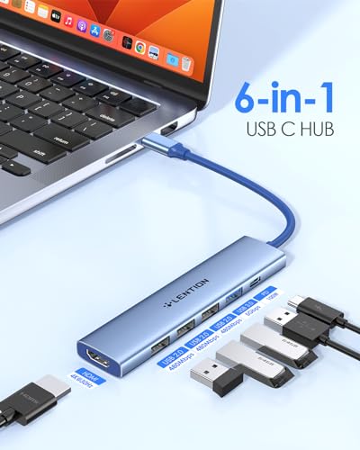 LENTION 6-in-1 USB C Hub, 4K@30Hz HDMI, 100W PD, 1 USB 3.0, 3 USB 2.0 | Ideal for Work & Study, Stable Driver 3.0 Certified, Compatible with macOS, iOS/iPadOS, Windows & ChromeOS (CH17, Blue) - color: Blue