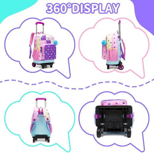Rolling Backpack for Girls,Lightweight Kids Backpack with Wheels for School and Travel,Large Capacity Trolley Backpack for Elementary Students - color: Purple Pink Star