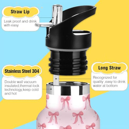 Insulated Water Bottle with Straw Cute Pink Ribbon Bow 20 Oz Kids Stainless Steel Water Flask Sports Travel Mug for Boys Girls - color: Multi04