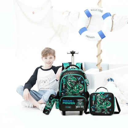 Meetbelify Boys Rolling Backpack with Wheels for Elementary Preschool Students Kids Travel Luggage Carry on Backpack for Boys Ages 6-8 Dinosaur - color: 02 Dinosaur