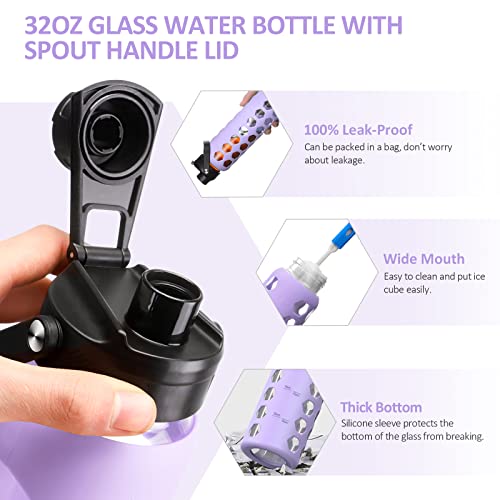 MUKOKO 24oz Glass Water Bottle, Purple | Glass Tumbler with Straw, Drinking Bottles with 2 Lids-Handle Spout Lid & Bamboo Straw Lid, Silicone Sleeve, 1 Pack - color: Purple, size: 24 Ounces