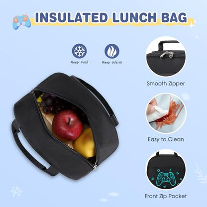 ACESAK Boys Backpack - Black Game Console Bento Box with Insulated Lunch Bag Pencil Case & Utensils Set for Kids, 6 Leakproof Compartments Removable Tray Lunches or Snack Container - color: Black Game Console