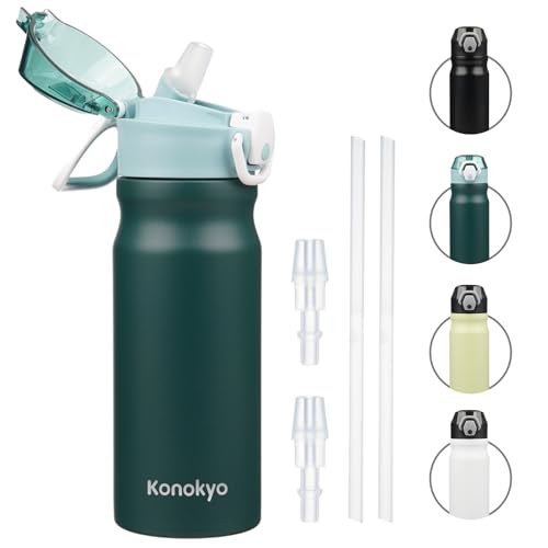Konokyo 18 oz Insulated Stainless Steel Sports Water Bottle with Straw Lid | BPA-free, leak-proof reusable sports bottle with carry loop for gym, office, hiking, camping, travel & hydration - color: Dark Green, size: 18 Ounces