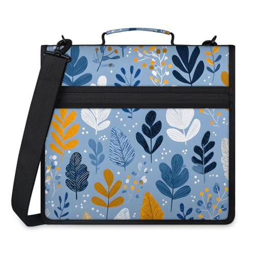 Boho Retro Leaf Zipper Binder, 3 D-Ring Expanding File Folder with Handle & Adjustable Shoulder Strap, 400 Sheets Capacity Multi-Pocket Organizer for 13 Inch Laptop - color: Boho Retro Leaf