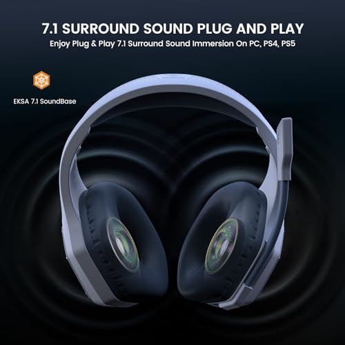 EKSA 2.4GHz Wireless Gaming Headset for PC, PS4, PS5, Gaming Headphones with Noise Cancelling Microphone, 7.1 Surround Sound, 36-Hr Battery Gamer Headset for Computer, Laptop, 3.5mm Wired Headphones - color: Blue