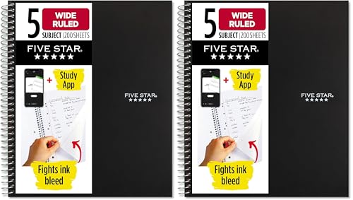 Five Star Spiral Notebook + Study App, 5 Subject, Wide Ruled Paper, 8" x 10-1/2", 200 Sheets, Fights Ink Bleed, Water Resistant Cover, Black (72045) (Pack of 2) - color: Black, size: 8" x 10.5" (Pack of 2)