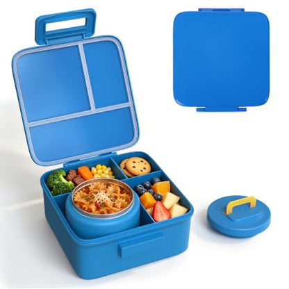 Bento Lunch Box for Kids with 8oz Thermo Containers for School,Camping | Vacuum Insulated Food Jar,Leakproof Silicone-Seal,5 Compartments with Dividers,Dishwasher & Refrigerator Safe,BPA-Free - color: Blue