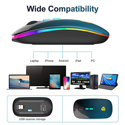 LED Wireless Mouse, Bluetooth Mouse &2.4GHz Instant Connection,Rechargeable Ultra Silent Slim,3 DPI 2 Connection Modes with USB-C to USB Adapter for Laptop/MacBook/PC/Tablet/iPad (Black-blue) | Bluetooth mouse with 2.4GHz USB receiver, silent slim design,