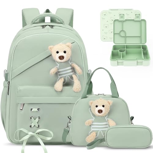 ACESAK Backpack for Girls with Bento Box - 4 PCS Cute Girls Backpack with Lunch Box, Pencil Case & Bento Box Set - 43oz Leakproof Lunch Box Kids Snack Containers Set Back to School Supplies (Green) - color: Green