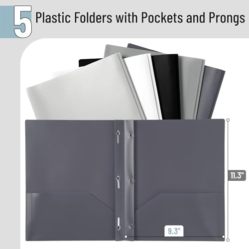 Mr. Pen- Plastic Folders with Pockets and Prongs, 5 Pack, Letter Size | Flexible Plastic Folders with Prongs, Black and White Theme - color: Black and White, size: 5 Pack