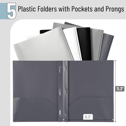 Mr. Pen- Plastic Folders with Pockets and Prongs, 5 Pack, Letter Size | Flexible Plastic Folders with Prongs, Black and White Theme - color: Black and White, size: 5 Pack