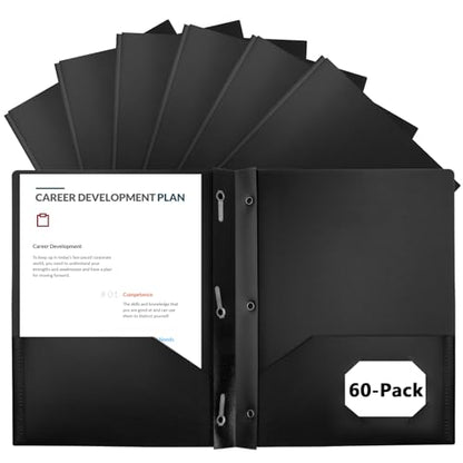 60-Pack Plastic Folders with Pockets and Prongs,2-Pocket Folders with 3 Fasteners, Poly Folders Holds 8-1/2" x 11" Paper for School/Office/Home, Black - color: Smooth Black, size: 60-Pack