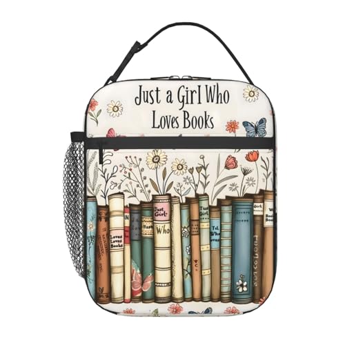 Retro Book Lunch Box for Kids,Flower Insulated Bag for Student,Library Reusable Thermal Insulation Cooler Tote Bags for School Work Picnic Camping Outdoor Gifts (Just a Girl Who Loves Books) - color: Just a Girl Who Loves Books