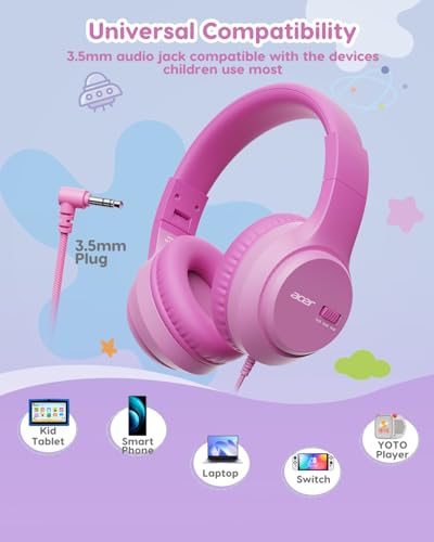 Acer Kids Headphones, 74/85/94dB Volume Limiter, Foldable Wired Over Ear Headphones for Travel, 3.5mm Jack, Toddler Headphones for School, iPad, Chromebook, Tablet, Pink - color: Pink