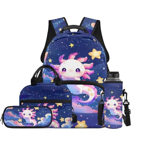 Starry Axolotl School Backpack and Lunch Bag Set, 4 Pieces Comfortable Daypack with Pencil Case & Water Bottle Holder for 3rd-7th Grade Students Daily School Use - color: Starry Axolotl Print