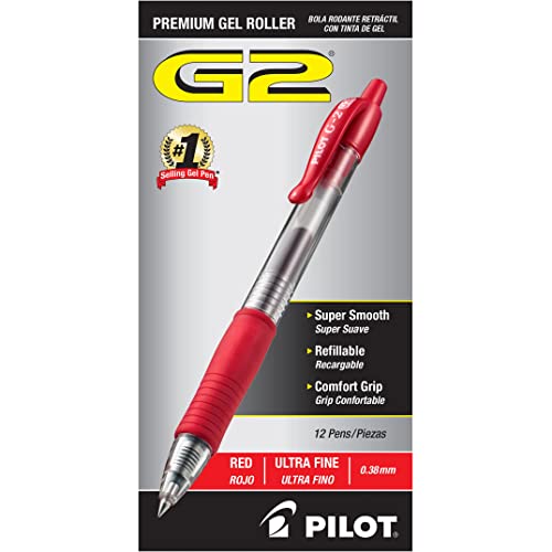 Pilot G2 Premium Gel Roller Pens, Ultra Fine Point 0.38 mm, Red Pens, Pack of 12 - Ideal for School, Journaling & Office Writing - color: Red Ink, size: 12 Count (Pack of 1)