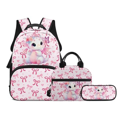 Large Capacity Teen Backpack Set with Insulated Lunch Bag and Pencil Case,Cute Dinosaur 3-in-1 School Backpack Lunchbox Pouch for High School Middle School Girls, Durable Student Daypack - color: Pink Bows-cute Dinosaur