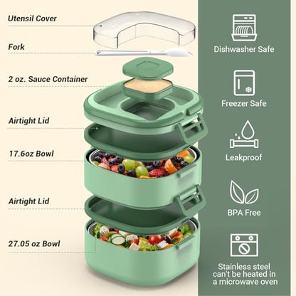 PEDECO Double-Layer Bento Lunch Box for Kids & Adults with Removable Stainless Steel Dividers,Dressing Container,BPA-Free,Dishwasher Safe - Includes Utensil,(Green,Non-Insulated) - color: Green, size: Stainless Steel Double Layers