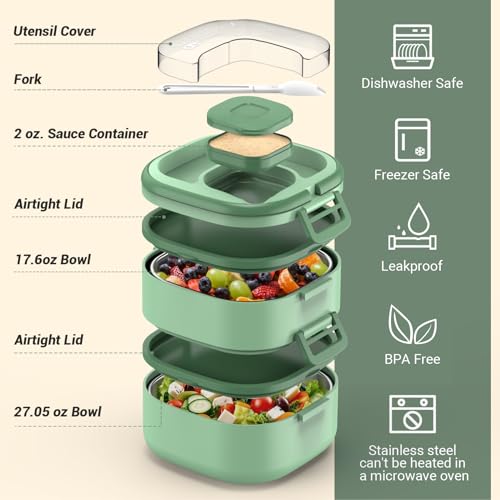 PEDECO Double-Layer Bento Lunch Box for Kids & Adults with Removable Stainless Steel Dividers,Dressing Container,BPA-Free,Dishwasher Safe - Includes Utensil,(Green,Non-Insulated) - color: Green, size: Stainless Steel Double Layers