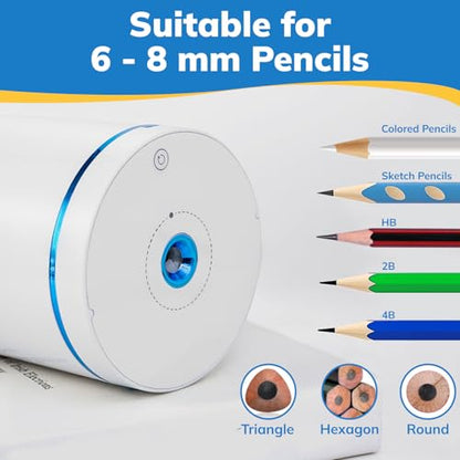 Fully Automatic Electric Pencil Sharpener, Rechargeable | Auto In and Out, Hands-Free for Standard 6-8mm Pencils, Perfect for Classroom and Home Use (White and Blue) - color: White & Blue
