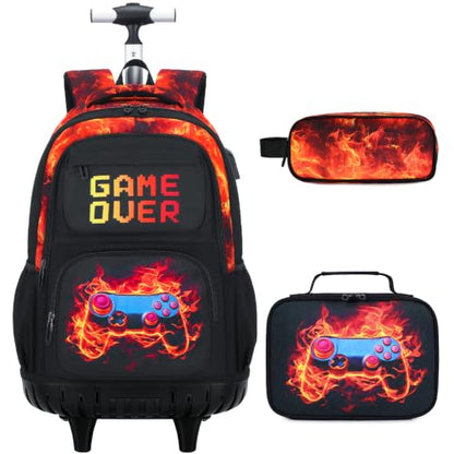 Scothen 3PCS Rolling Backpack for Boys, Cool Gamer Roller Backpack with Wheels, Kids Boy Wheeled Backpacks with Lunch Bag Pencil Case for Teens Bookbag Kindergarten Elementary Middle School - color: Red Flame
