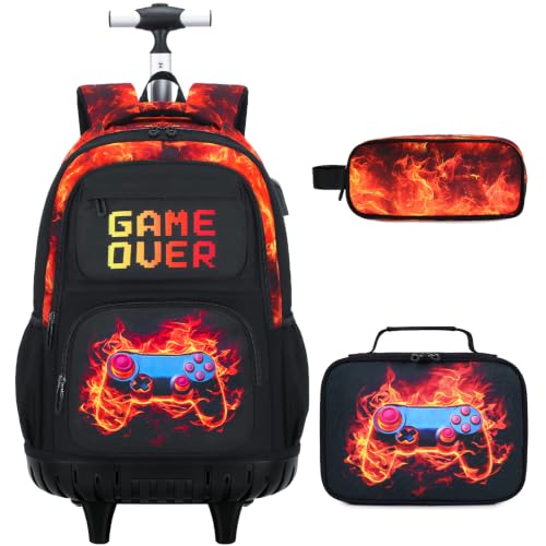 Scothen 3PCS Rolling Backpack for Boys, Cool Gamer Roller Backpack with Wheels, Kids Boy Wheeled Backpacks with Lunch Bag Pencil Case for Teens Bookbag Kindergarten Elementary Middle School - color: Red Flame