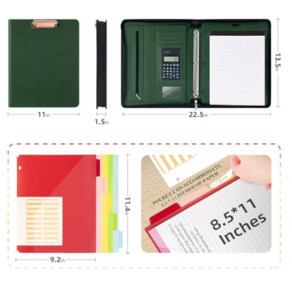 Ospelelf Green Clipboard with Storage 3 Binder Leather Portfolio Folder with Zipper, 12.1” Tablet Sleeve, 5 Dividers with Pocket, Refillable Notepad, Card Slot - color: Green