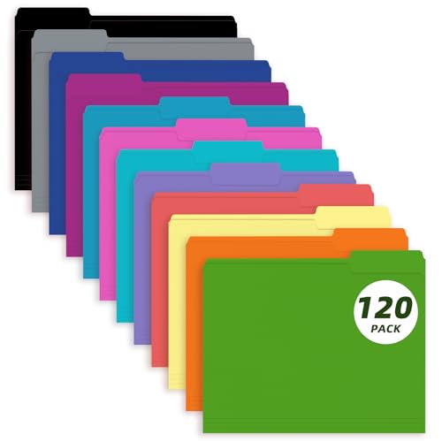 File Folder, PANDRI 120 Pack Colored File Folder, 1/3 Cut Tab, Letter Size, Assorted 12 Colors Filing Folder for Office School Business - color: Assorted 12 Colors