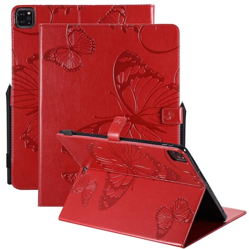 Dteck Wallet Case for iPad Air 13 Inch M2 2024 & iPad Pro 12.9 2022/2021/2020/2018 with Pencil Holder,Embossed Butterfly Auto Sleep/Wake PU Leather Smart Stand Girls Cute Folio Pocket Cover,Red - color: 10 Red