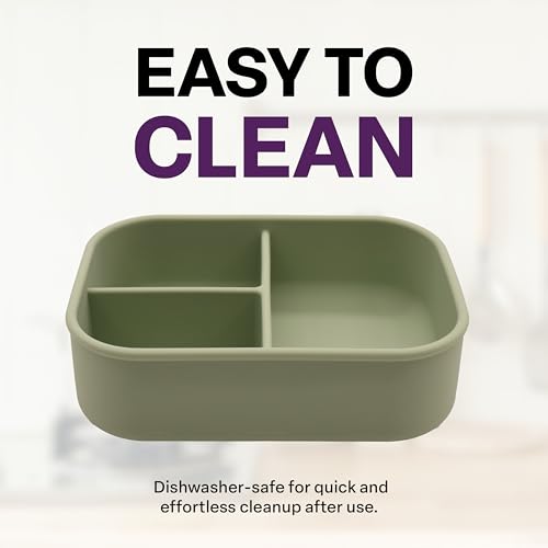 Silicone Bento Box, 3 Compartments, BPA-Free, Leak-Resistant, Dishwasher and Microwave Safe, Perfect for Work, Travel & Meal Prep, (Green) - style: 3 Compartments