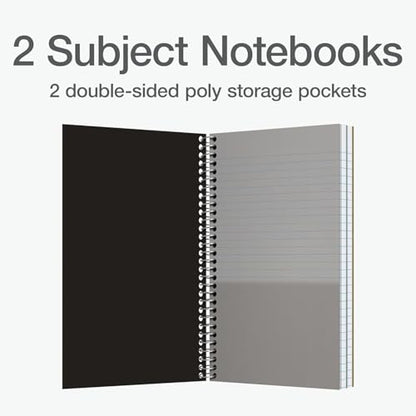 Oxford Two Subject Notebooks College Ruled, Spiral Notebook 6x9 1/2" 100 Sheets, 12 Pack of College Ruled Notebook With Pockets, Poly Cover, Red, White, and Black Notebook (Pack of 12)